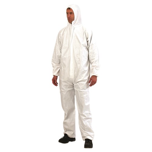 DISPOSABLE OVERALLS POLYETHYLENE BREATHABLE WATER REPELLENT. MEDIUM